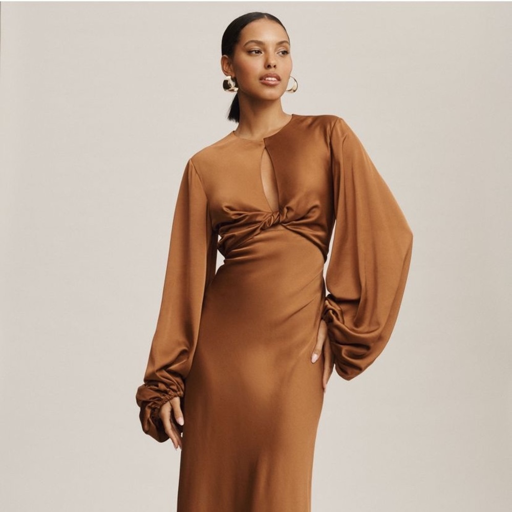 Anthropologie Significant Other Demi-Backless Long-Sleeve Column Gown, size 8